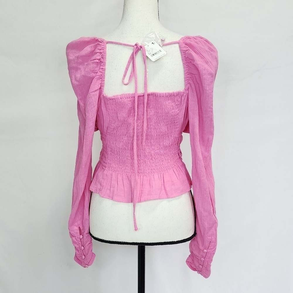 Free People Smocked Sweetheart Neck Long Puff Sleeve Peplum Top - Picture 3 of 6